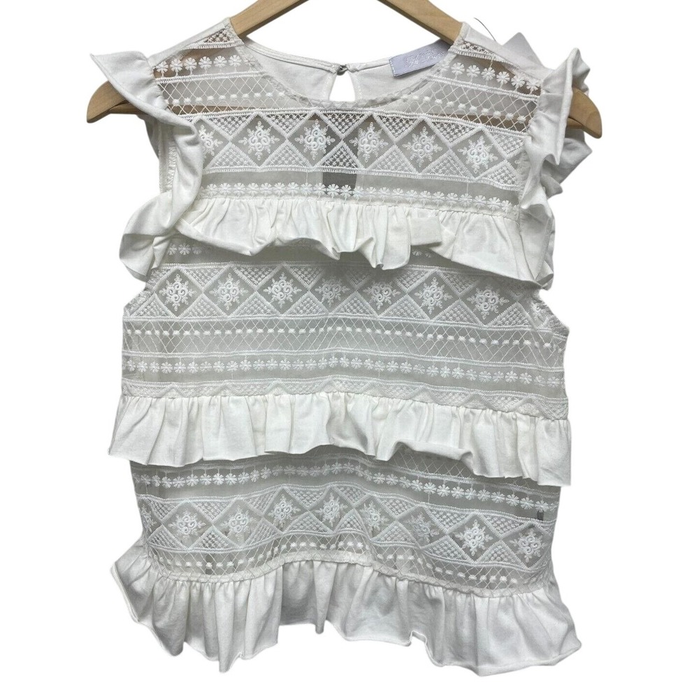Kyle by Alene Too Sleeveless Ruffle Lace Shirt Off White‎ Embroidered Mesh Top M